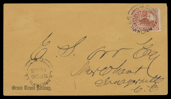 THREE PENCE AND FIVE CENTS 1865 (September 26) Brownish red Grand Trunk Railway envelope bearing a 5c bright vermilion, perf 12 unusually tied by datestamp - Lennoxville double arc dispatch, second strike at left, same-day Sawyerville SP 26 split ring receiver backstamp, VF (Unitrade 15)