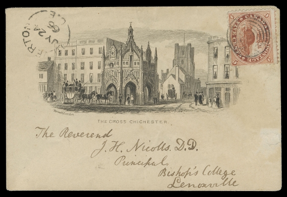 THREE PENCE AND FIVE CENTS 1866 (July 24) "The Cross Chichester" street scene envelope from Ulverton, C.E. to Lennoxville, bearing a 5c vermilion with part imprint at top, tied by concentric rings, split ring dispatch at top left, small surface abrasion at right. F-VF (Unitrade 15)