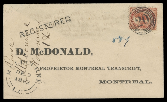 THREE PENCE AND FIVE CENTS  1862 (December 3) Preprinted envelope franked with a nicely centered 5c vermilion tied by centrally struck and superb 4-ring 