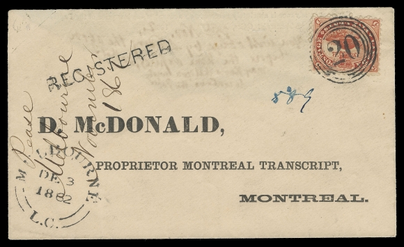 THREE PENCE AND FIVE CENTS 1862 (December 3) Preprinted envelope franked with a nicely centered 5c vermilion tied by centrally struck and superb 4-ring