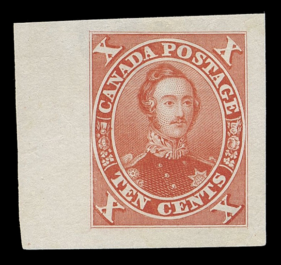 SIX PENCE AND TEN CENTS  16TCiii,"Goodall" Die Proof, engraved, printed in vermilion on india paper 29 x 27mm, originating from the Compound Die (together with the 12p scarred die), very large margins. A beautiful coloured proof for the advanced collector, choice, VF (Minuse & Pratt 16TC1a)