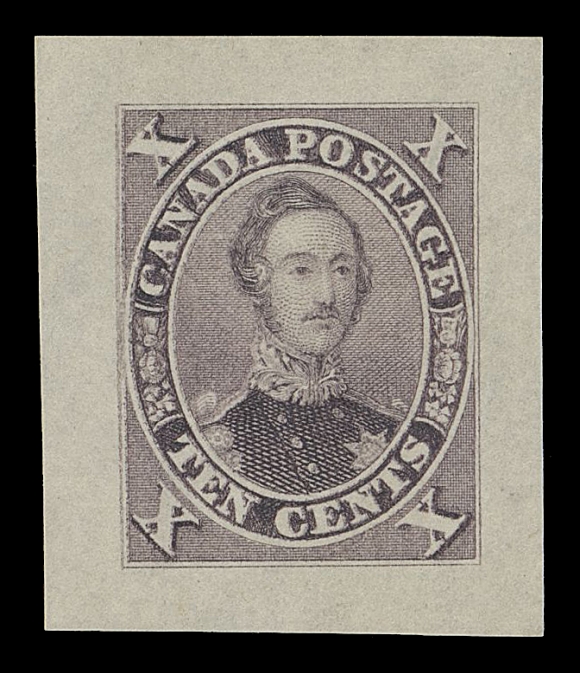 SIX PENCE AND TEN CENTS  16TCiii,A superb "Goodall" Die Proof, engraved, printed in brownish purple on thin hard bond paper 25 x 29mm, in immaculate condition, originating from the Compound Die. A highly attractive proof, closely resembling one of the issued printing colours, XF (Minuse & Pratt 16TC1c)