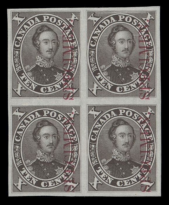 SIX PENCE AND TEN CENTS  16Pi,Plate proof block in the issued colour of the first printing on india paper, vertical SPECIMEN overprint in carmine, choice, VF