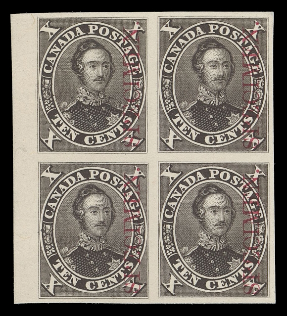 SIX PENCE AND TEN CENTS  16Pi + variety,A superb left margin plate proof block in the colour of the first printing on card mounted india paper, vertical SPECIMEN overprint in carmine, showing the distinctive "Double Epaulette" variety (Position 61) on the top left proof. A very scarce and desirable block with the documented variety, VFProvenance: Arthur Groten, Maresch Sale 133, September 1981; Lot 272The "Lindemann" Collection (private treaty, circa. 1997)