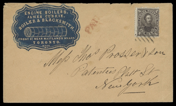 SIX PENCE AND TEN CENTS  1859 Dark blue embossed cameo "Engine Boilers James Currie Boiler & Blacksmith Toronto" cover from the Prosser correspondence, mailed from Toronto to New York bearing a single 10c black brown, perf 11¾, in the unmistakable colour of the  first printing order (PO 1A), quite well centered with perforations well clear of design on three sides, printed in a very deep rich shade with bold impression, further tied by superb strike of diamond grid cancellation of Toronto, faint Toronto split ring dispatch postmarked in the embossed cameo, couple small opening tears at top, a very rare advertising cover bearing the First Printing of the ten cent Consort, F-VF (Unitrade 16)