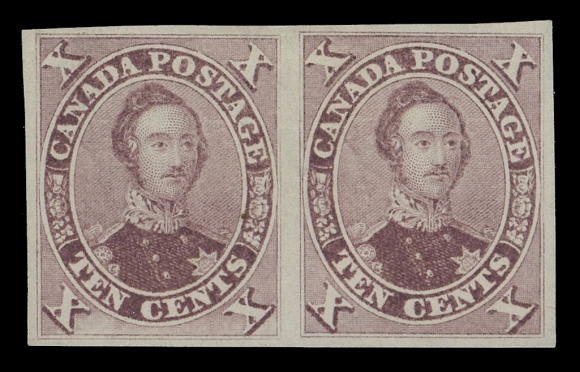 SIX PENCE AND TEN CENTS  17c,A very scarce imperforate pair on wove stamp paper, well margined with the distinctive shade and impression associated with this very elusive imperforate, tiny natural inclusion on left stamp. Missing from many advanced collections, VFExpertization: 1992 Greene Foundation certificateLiterature: Illustrated in Capex 
