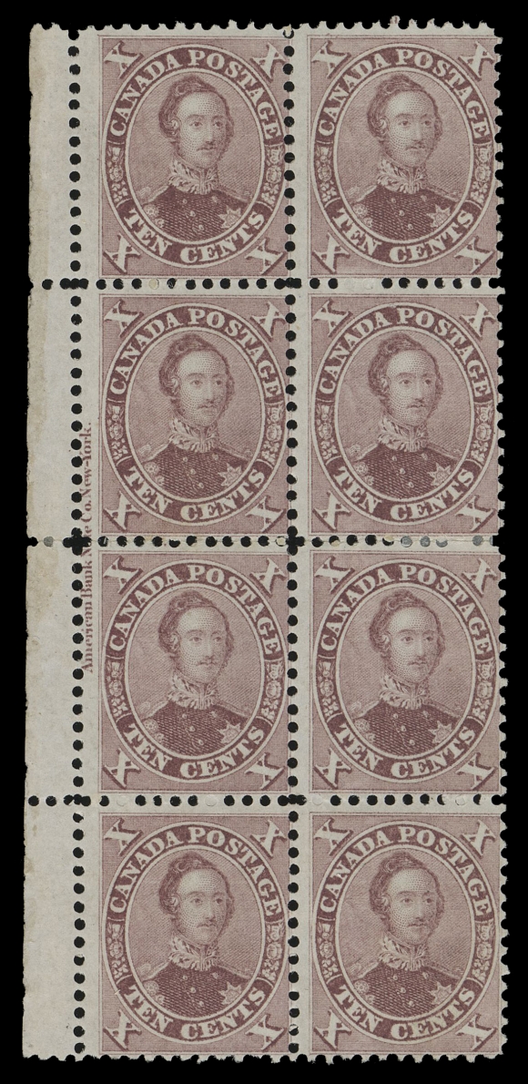 SIX PENCE AND TEN CENTS  17,A fabulous mint block of eight with superb colour, sheet margin at left, complete American Bank Note Co. New York imprint shows on left centre pair, somewhat disturbed OG, a few split perfs at centre strengthened by a hinge. Believed to be THE LARGEST SURVIVING MULTIPLE of the ten cent Consort (all printings 1859 to 1867). A glorious showpiece, F-VFProvenance: Arthur Groten, Maresch Sale 133, September 1981; Lot 258, identified as Printing Order 24A "dark brown lake" and as "ex. Jephcott"The "Carrington" Collection of Canada 1851-1864 Issues, Matthew Bennett Auctions, June 2002; Lot 3360
