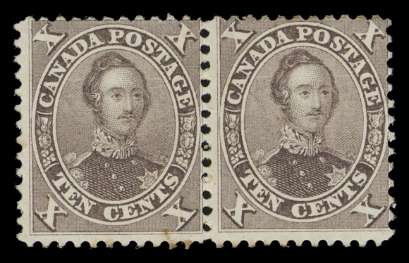 SIX PENCE AND TEN CENTS  17b, ii,A remarkable mint pair on very thick paper (0.050" thick), gorgeous colour with an exceptionally clear impression, light foxing mostly visible from the back only, light gum bend on left stamp, full original gum, very lightly hinged, Fine; a rare mint pair of the elusive, distinctive paper type. (Unitrade cat. $18,000)