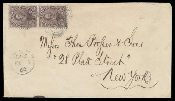 SIX PENCE AND TEN CENTS  1860 (February 7) Cover mailed to New York, franked with a very well centered pair of 10c deep brown purple Printing Order 3A, tied by concentric rings, partially legible B & L.H.R. EAST FE 7 60 split ring Railway Post Office datestamp (Gray RY-5 - early usage) at left, small extraneous ink mark at foot of cover. A very scarce multiple usage of a Ten cent early printing on cover; paying a double letter rate (20 cents), no backstamp as customary for mail to the U.S., VF (Unitrade 17e)Provenance: Arthur Groten, Maresch Sale 133, September 1981; Lot 328Unknown Provenance, Classic Canada, Danam Auctions, February 1982; Lot 116