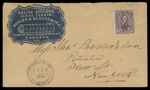 SIX PENCE AND TEN CENTS  1860 (February 24) Dark Blue embossed cameo "Engine Boilers James Currie, Boiler & Blacksmith, Toronto" cover bearing a 10c brown purple, perf 11¾, Printing Order 3A, well tied by diamond grid cancellation of Toronto with double arc dispatch at left, pays the 10 cent letter rate to New York; cover with slight surface abrasion, no backstamp as customary for mail to the U.S. A beautiful advertising cover, VF (Unitrade 17e)