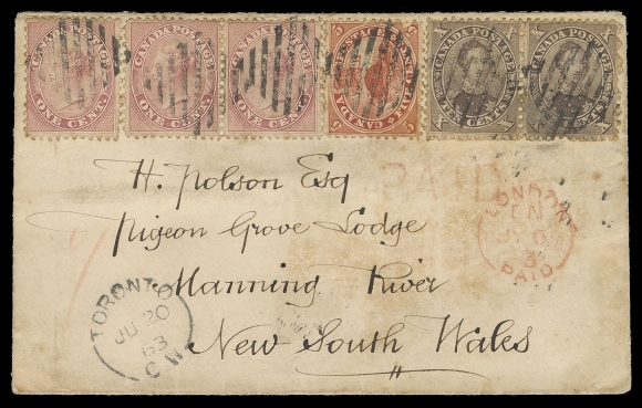 SIX PENCE AND TEN CENTS  1863 (June 20) A most impressive 28-cent letter rate cover to New South Wales via the United Kingdom, bearing an outstanding franking consisting of pair and single 1c rose, a single 5c vermilion (perf flaw) and pair of 10c reddish brown lightened stain on right stamp, light cover ageing and along some perforations, cancelled by diamond grid cancels of Toronto with clear split ring dispatch, straightline PAID and London Paid JY 6 transit in red. Three different clearly struck Australian backstamps - Sydney SP 13, Redbank SP 17 and Tinonee SP 17 1863. A rare cover, one of the Cents Issue highlights of the collection, F-VF (Unitrade 14, 15, 17b)Unreported in both Firby and Arfken & Leggett census. Five other covers are reported to Australia, all addressed to Victoria State.
