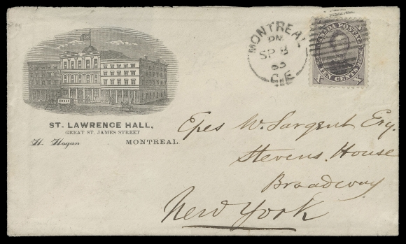 SIX PENCE AND TEN CENTS  1865 (September 8) St. Lawrence Hall building, Montreal, illustrated envelope bearing an attractive well centered 10c violet, perf 12 with large margins, nicely tied by Montreal duplex to New York, small portion of backflap missing, no backstamp as customary for mail to the U.S., VF (Unitrade 17a)Provenance: Fred Jarrett Canada 1859-1864, Sissons Sale 169, December 1959; Lot 286Gerald Wellburn, Robson Lowe Auctions (Toronto), November 1983; Lot 151