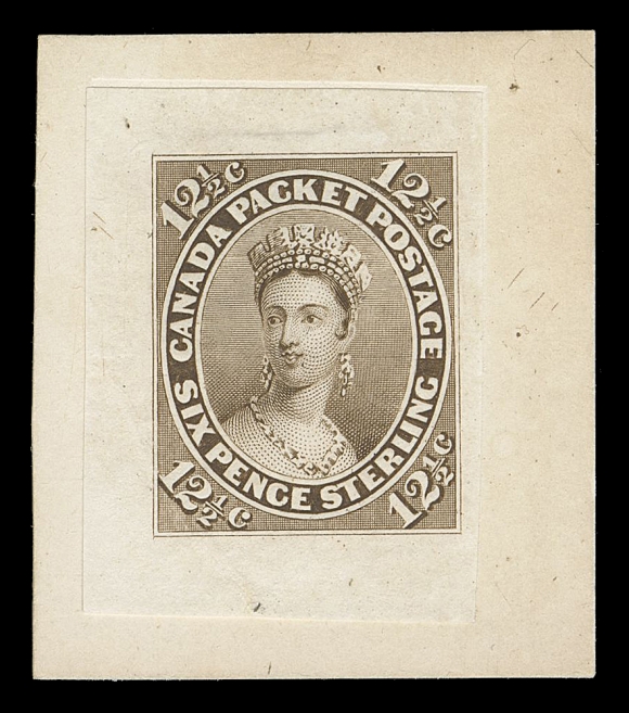 SEVEN AND ONE HALF PENCE AND TWELVE AND ONE HALF CENTS  18,"Goodall" Die Proof, engraved, printed in yellow brown on india paper 23 x 31mm mounted on its original card 33 x 38mm, minor negligible bend at lower left, a very rare coloured proof, VF (Minuse & Pratt 18TC2g)Provenance: The "Lindemann" Collection (private treaty, circa 1997)