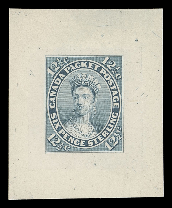 SEVEN AND ONE HALF PENCE AND TWELVE AND ONE HALF CENTS  18,A superb "Goodall" die proof, engraved, printed in greenish blue on india paper 26 x 28mm, sunk on card 36 x 43mm. An outstanding proof in all respects, highly desirable and very rare, XF (Minuse & Pratt 18TC2g) Provenance: The "Lindemann" Collection (private treaty, circa. 1997)