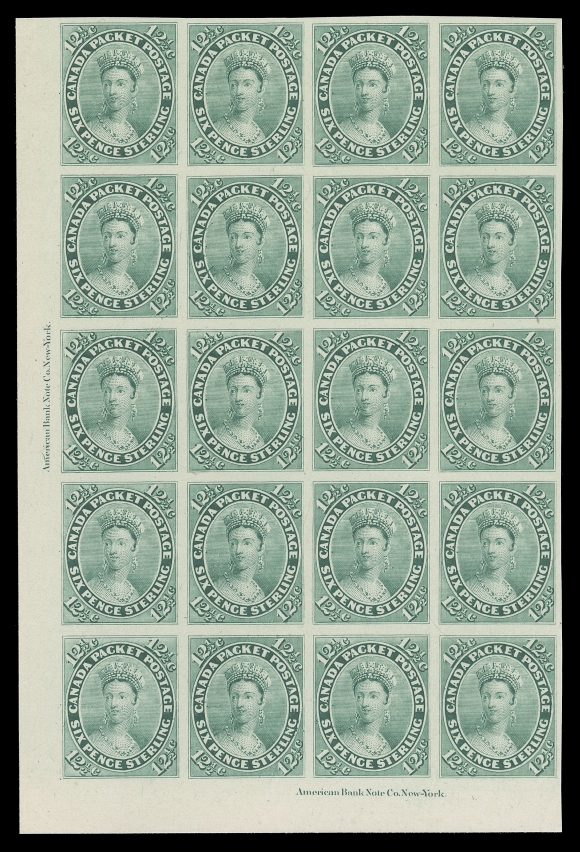 SEVEN AND ONE HALF PENCE AND TWELVE AND ONE HALF CENTS  18TC + varieties,Trial colour plate proof in blue green, a beautiful corner margin block of twenty on card mounted india paper, showing complete American Bank Note Co. New York imprints on two sides, fresh and choice with brilliant colour. Shows the three listed Major Re-entries at Positions 61, 62 & 94. A most desirable block, XF (Unitrade cat. as normal singles)Provenance: The "Lindemann" Collection (private treaty circa 1997)