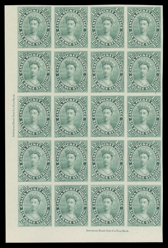 SEVEN AND ONE HALF PENCE AND TWELVE AND ONE HALF CENTS 18TC + varieties,Trial colour plate proof in blue green, a beautiful corner margin block of twenty on card mounted india paper, showing complete American Bank Note Co. New York imprints on two sides, fresh and choice with brilliant colour. Shows the three listed Major Re-entries at Positions 61, 62 & 94. A most desirable block, XF (Unitrade cat. as normal singles)
Provenance: The "Lindemann" Collection (private treaty circa 1997)