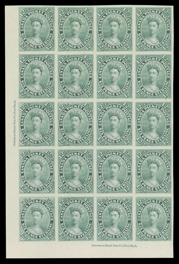 SEVEN AND ONE HALF PENCE AND TWELVE AND ONE HALF CENTS  18TC + varieties,Trial colour plate proof in blue green, a beautiful corner margin block of twenty on card mounted india paper, showing complete American Bank Note Co. New York imprints on two sides, fresh and choice with brilliant colour. Shows the three listed Major Re-entries at Positions 61, 62 & 94. A most desirable block, XF (Unitrade cat. as normal singles)

Provenance: The "Lindemann" Collection (private treaty circa 1997)