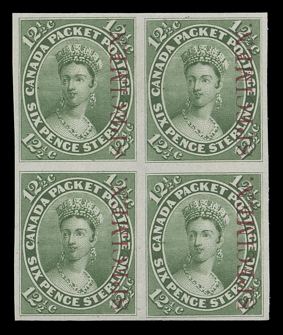 SEVEN AND ONE HALF PENCE AND TWELVE AND ONE HALF CENTS  18Pi,Plate proof block of four on india paper with vertical SPECIMEN overprint in carmine; minute natural inclusion on lower left proof, deep colour and choice, VF
