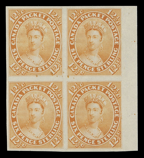 SEVEN AND ONE HALF PENCE AND TWELVE AND ONE HALF CENTS  18TCviii,An attractive trial colour plate proof block in orange yellow on india paper, sheet margin at right; minute spots on top left proof. An elusive multiple of this striking colour, VF