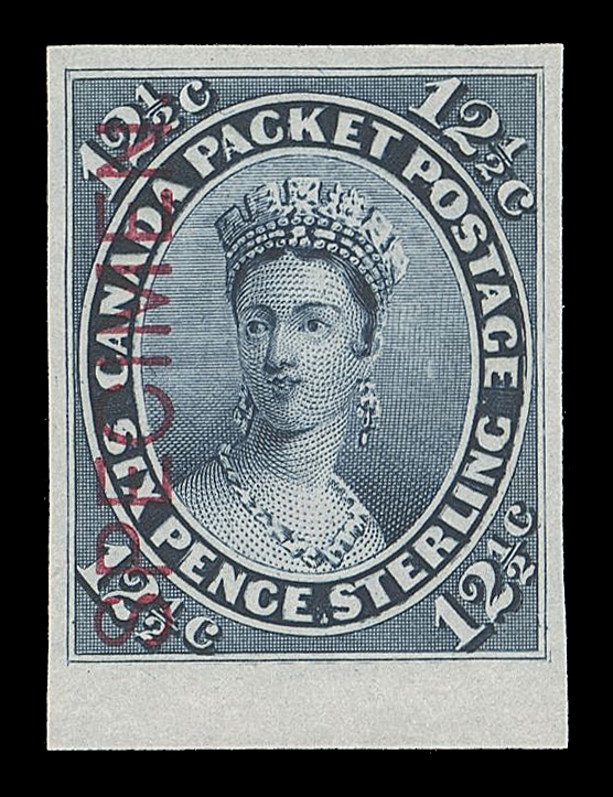 SEVEN AND ONE HALF PENCE AND TWELVE AND ONE HALF CENTS  18TCii + variety,A very scarce trial colour plate proof single in dark blue on india paper, sheet margin at foot, showing the Major Re-entry (Position 94) with clear doubling in oval above "TAGE" of "POSTAGE", in "PACK" among other traits, vertical SPECIMEN overprint in carmine. Only one sheet was printed in blue with SPECIMEN overprints making this item UNIQUE; ideal for the specialist, VFProvenance: The "Lindemann" Collection (private treaty, circa 1997)