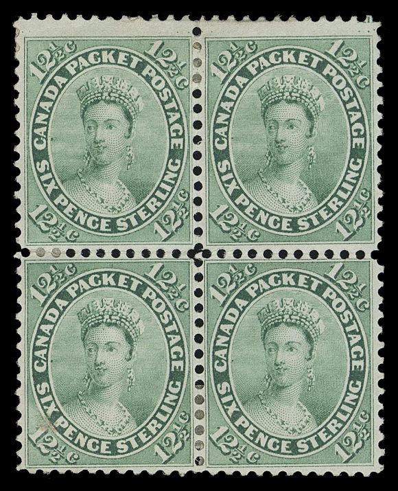 SEVEN AND ONE HALF PENCE AND TWELVE AND ONE HALF CENTS  18ii,An extraordinary mint block displaying superior centering, brilliant colour on fresh paper and large part original gum; tiny portion of plate imprint can be seen at top right, hinge strengthening perfs at centre left. Without question, one of the very finest existing blocks, a fabulous showpiece ideal for the discriminating collector seeking the highest attainable quality, XF OGProvenance: Charles Lathrop Pack, Part I, Harmer, Rooke & Co., December 1944; Lot 154Vincent Graves Greene Collection, Sissons Sale 347, February 1975; Lot 284Ralph Hart, Maresch Sale 92, May 1977; Lot 347British North America Sale, Harmers of New York, February 1980; Lot 132Maresch Private Treaty (Third Catalogue, 1983), Item 163J.N. Sissons Ameripex Preview, Private Treaty Listing, January 1986; Item 59 –highlighted on the front cover of the retail priced listing.Literature: Illustrated in Winthrop Boggs, "The Postage Stamps and Postal History of Canada", 1974 on page 180.