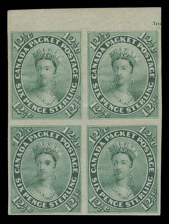 SEVEN AND ONE HALF PENCE AND TWELVE AND ONE HALF CENTS  18b,A very rare mint block, top margin shows left portion of ABNC  imprint at right, well clear to large margins, characteristic  colour and impression associated with this imperforate, unusually and remarkably possessing ORIGINAL GUM, couple light gum thins  at left and natural paper inclusion on lower left stamp. Very few imperforates of the Decimal series survive with original gum  regardless of condition; a great rarity, F-VF OGExpertization: 1990 Greene Foundation certificateProvenance: Captain Vivian Hewitt, Robson Lowe Ltd., December  1968; Lot 1042Unknown provenance, Saskatoon Stamp Centre 25th Anniversary price list, May 1991; Lot 138 – being the highlight item pictured on the front cover of the catalogue.The "Midland" Collection of Canada (private treaty October 1996;  item 6)