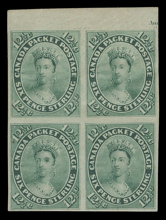 SEVEN AND ONE HALF PENCE AND TWELVE AND ONE HALF CENTS 18b,A very rare mint block, top margin shows left portion of ABNC imprint at right, well clear to large margins, characteristic colour and impression associated with this imperforate, unusually and remarkably possessing ORIGINAL GUM, couple light gum thins at left and natural paper inclusion on lower left stamp. Very few imperforates of the Decimal series survive with original gum regardless of condition; a great rarity, F-VF OG
Expertization: 1990 Greene Foundation certificate
Provenance: Captain Vivian Hewitt, Robson Lowe Ltd., December 1968; Lot 1042
Unknown provenance, Saskatoon Stamp Centre 25th Anniversary price list, May 1991; Lot 138 – being the highlight item pictured on the front cover of the catalogue.
The "Midland" Collection of Canada (private treaty October 1996; item 6)