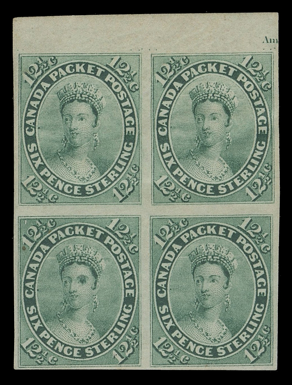 SEVEN AND ONE HALF PENCE AND TWELVE AND ONE HALF CENTS  18b,A very rare mint block, top margin shows left portion of ABNC  imprint at right, well clear to large margins, characteristic  colour and impression associated with this imperforate, unusually and remarkably possessing ORIGINAL GUM, couple light gum thins  at left and natural paper inclusion on lower left stamp. Very few imperforates of the Decimal series survive with original gum  regardless of condition; a great rarity, F-VF OG

Expertization: 1990 Greene Foundation certificate

Provenance: Captain Vivian Hewitt, Robson Lowe Ltd., December  1968; Lot 1042
Unknown provenance, Saskatoon Stamp Centre 25th Anniversary price list, May 1991; Lot 138 – being the highlight item pictured on the front cover of the catalogue.
The "Midland" Collection of Canada (private treaty October 1996;  item 6)