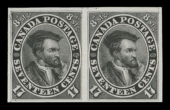 TEN PENCE AND SEVENTEEN CENTS  19TCi,Trial colour plate proof pair in pristine fresh condition, printed in black on india paper, Positions 1 & 2 from the sheet of 100 subjects, very attractive and scarce, VF+Provenance: The "Midland" Collection of Canada, Firby Auctions, January 2004; Lot 45