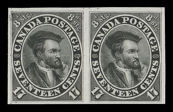 TEN PENCE AND SEVENTEEN CENTS 19TCi,Trial colour plate proof pair in pristine fresh condition, printed in black on india paper, Positions 1 & 2 from the sheet of 100 subjects, very attractive and scarce, VF+
Provenance: The "Midland" Collection of Canada, Firby Auctions, January 2004; Lot 45