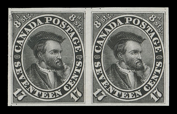 TEN PENCE AND SEVENTEEN CENTS  19TCi,Trial colour plate proof pair in pristine fresh condition, printed in black on india paper, Positions 1 & 2 from the sheet of 100 subjects, very attractive and scarce, VF+

Provenance: The "Midland" Collection of Canada, Firby Auctions, January 2004; Lot 45