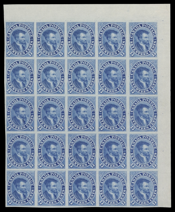 TEN PENCE AND SEVENTEEN CENTS  19TC + variety,An appealing trial colour corner margin plate proof block of twenty-five (Positions 6-10 / 46-50) in pale blue on india paper. In an excellent state of preservation and showing quite distinctively the elusive "Burr over Shoulder" plate flaw (Position 7), a beautiful block, VF+ (Unitrade cat. as normal proof singles)