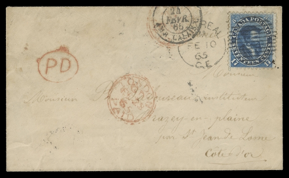 TEN PENCE AND SEVENTEEN CENTS  1865 (February 10) Small envelope bearing a single 17c deep blue, perf 12x11¾ postmarked by clear Montreal duplex, addressed to Brazey-en-Plaine, France; London Paid FE 23 65 transit CDS cancels, oval "PD" handstamp in red, Calais, Paris and St. Jean De Losne transit backstamps. A scarce and appealing single-franking 17 cent cover to France, VF (Unitrade 19)Expertization: 1999 Greene Foundation certificateProvenance: John Siverts Part I, Maresch Sale 225, May 1989; Lot 626The "Lindemann" Collection (private treaty circa 1997)