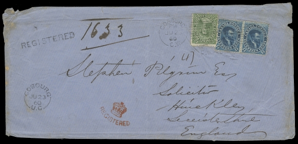 TEN PENCE AND SEVENTEEN CENTS  1860 (June 23) Large blue envelope mailed registered to England with a very rare franking consisting of single 12½c and pair of 17c deep blue, perf 11¾ tied by Cobourg duplex, additional split ring dispatch at left, straightline REGISTERED and superb "Crown" Registered handstamp both in red; cover with peripheral faults not affecting the stamps, light transit and Hinckley arrival CDS on back. An impressive double Cunard Packet Letter Rate (34 cents), plus 12½ cents registration fee (effective March 1, 1859, changed to Decimal currency July 1st, 1859) prepaid with postage stamps and very rare thus, Fine (Unitrade 18, 19)Provenance: Henry Lubke Jr, Third Portion, Maresch Sale 272, December 1992; Lot 571Census: This is Cover No. 2 listed in Table 2 "Cunard Packet 17¢ Rate, Registration 12½¢" in Arfken & Leggett "Canada