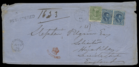 TEN PENCE AND SEVENTEEN CENTS 1860 (June 23) Large blue envelope mailed registered to England with a very rare franking consisting of single 12½c and pair of 17c deep blue, perf 11¾ tied by Cobourg duplex, additional split ring dispatch at left, straightline REGISTERED and superb "Crown" Registered handstamp both in red; cover with peripheral faults not affecting the stamps, light transit and Hinckley arrival CDS on back. An impressive double Cunard Packet Letter Rate (34 cents), plus 12½ cents registration fee (effective March 1, 1859, changed to Decimal currency July 1st, 1859) prepaid with postage stamps and very rare thus, Fine (Unitrade 18, 19)
Provenance: Henry Lubke Jr, Third Portion, Maresch Sale 272, December 1992; Lot 571
Census: This is Cover No. 2 listed in Table 2 "Cunard Packet 17¢ Rate, Registration 12½¢" in Arfken & Leggett "Canada