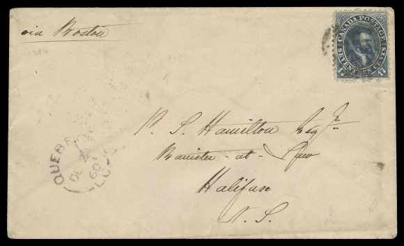 TEN PENCE AND SEVENTEEN CENTS  1860 (December 24) Cover endorsed "Via Boston" franked with a 17c slate blue  perf 11¾, tied by light four-ring 