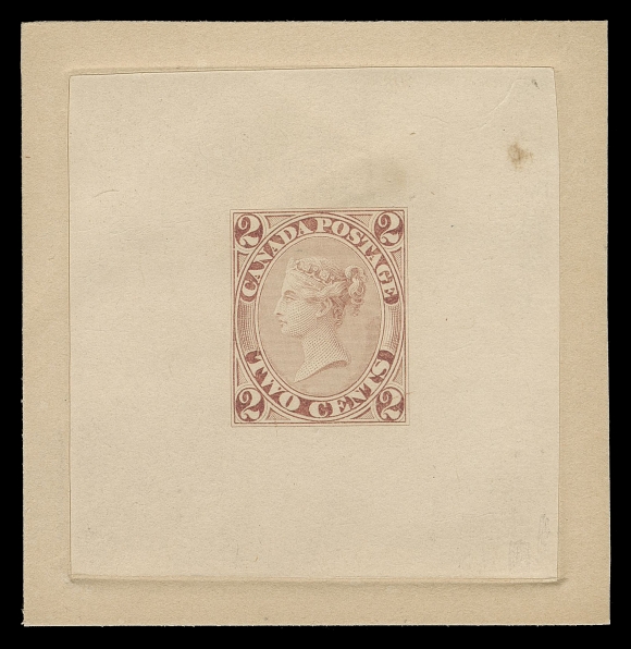 TWO CENTS  20,The famous and UNIQUE contemporary Large Die Proof of the Two cent stamp, engraved, printed in dull brown red on india paper 51 x 53mm sunk on slightly larger card 61 x 63mm, light overall toning, small toning spot far away from design. As far as we know, this is the only known contemporary Original Die Proof of this stamp, VF (Unlisted in Minuse & Pratt and Glen Lundeen BNA Proofs website)Provenance: Arthur Groten, Maresch Sale 132, September 1981; Lot 104Maresch Private Treaty (Second Catalogue, 1982), Item 127Capex 1987 auction, Maresch Sale 206, June 1987; Lot 81Sam Nickle, Christie