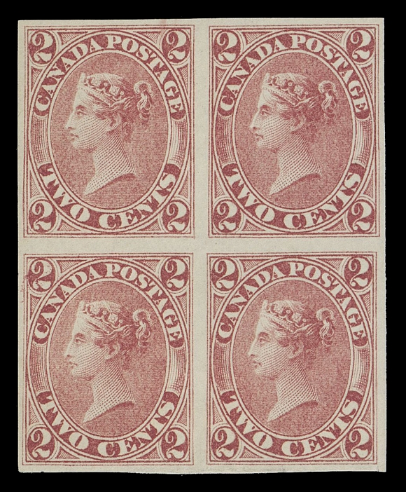 TWO CENTS  20b,A superb block of four surrounded by unusually full margins for this imperforate, characteristic deeper shade on wove paper. A very attactive block in well-above average condition, XF
