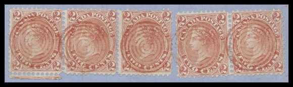 TWO CENTS  1867 (February 8) Clean blue folded cover with an exceptional franking consisting of a pair and strip of three of 2c claret rose, perf 12, cancelled by centrally struck concentric rings IN RED with same-ink Franktown C.W. FE 8 1867 double arc dispatch at lower left, addressed to Carleton Place, with next-day receiver backstamp, backflap missing. An impressive and most unusual franking paying the double domestic letter rate of 10 cents. Only one other such franking is recorded, superb and of wonderful appeal, VF (Unitrade 20i)Provenance: Bill Lea Exhibit Collection of Canada Pence & Cents Postal History (private sale)Art Leggett Cents Issue Exhibit Collection (private sale)The "Lindemann" Collection (private sale circa 1997)