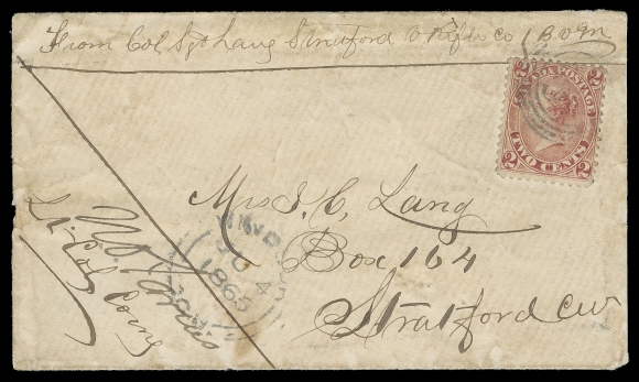 TWO CENTS  1865 (June 4) Military concessionary rate cover endorsed "From Sgt Lang of Stratford Rifles", countersigned by Commanding Officer at left, bearing a well centered 2c rose perf 12, tied by light four-ring 