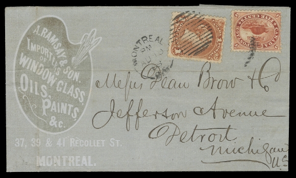 THREE PENCE AND FIVE CENTS  1868 (August 10) "A. Ramsay & Son Importers of Window Glass, Oils, Paints & c." advertising cover mailed from Montreal to Detroit, bearing a mixed-issue franking of 5c Beaver and Large Queen 1c brown red on medium horizontal wove paper, tied by Montreal AU 6 duplex, couple file folds away from stamps. Pays the half ounce Dominion letter rate of 6 cents to the United States. An appealing and scarce franking, VF (Unitrade 15, 22) 