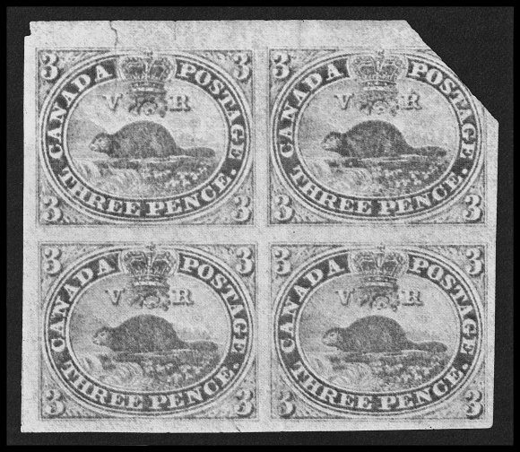 THREE PENCE AND FIVE CENTS 1,The famous "Dale-Lichtenstein" mint block, one of only two known with no larger multiples extant. Despite two pressed vertical creases (one between stamps), small flaws and aesthetic repairs at lower corners, this block is in much better condition than the other known block (its current whereabouts or if still intact, are unknown to us); possessing very prominent laid lines, mostly clear to ample margins and retaining unusually large part characteristic dull, ORIGINAL GUM with lower pair very lightly hinged. The ultimate mint block of Canada and the LARGEST KNOWN MULTIPLE of Canada