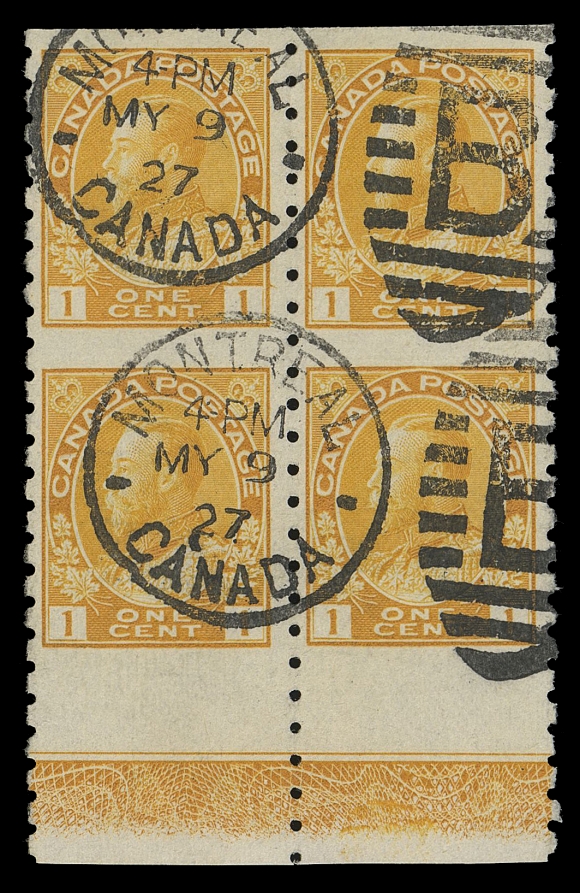 ADMIRAL STAMPS  126c,A visually striking, well centered block imperforate horizontally, deep colour and full perforations, showing almost full strength Type B lathework, neatly postmarked with Montreal MY 9 27 "B" duplex; very scarce, VF+