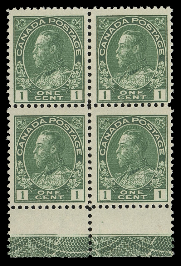 ADMIRAL STAMPS  104ii,An exceptionally fresh mint block showing the elusive Type C lathework, full strength and with unusual doubling of horizontal guidelines above lathework area, quite prominent, small hinge on lower left stamp, otherwise NH; an interesting variety on a scarce lathework multiple, Fine+ (Unitrade cat. as fine hinged block)