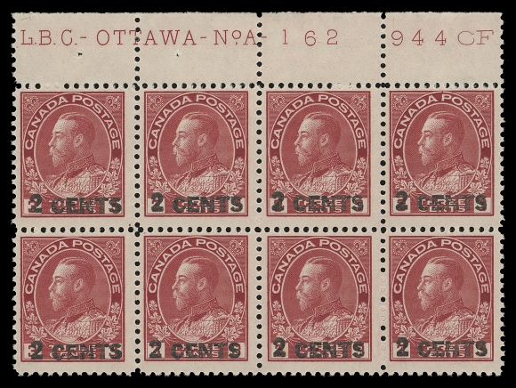 ADMIRAL STAMPS  139c,The UNIQUE mint "Jephcott" Plate 162 block of eight of the much scarcer Die II, exceptionally fresh, faint wrinkle on top left stamp, lightly hinged in selvedge only leaving all stamps NEVER HINGED. Only one other Die II block is known; a Plate 163 block of six with incomplete imprint used on a first day cover. Thus making this block the more important and highly coveted among all Admiral plate multiples, Fine+. Provenance: C.M. Jephcott, Maresch Sale 241, June 1990; Lot 1007Its great rarity is reflected in Unitrade specialized catalogue, which lists the 139c Die II plate block. It is currently unpriced mint, however, it is valued at $12,500 for the used block of six.