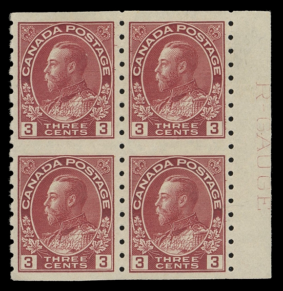 ADMIRAL STAMPS  130aiii,An impressive positional mint block, imperforate horizontally, with superior centering and showing complete lettering of the very scarce "R-GAUGE" imprint in right margin, hinged on top pair, in an excellent state of preservation, well-above average condition compared to "R-GAUGE" blocks we have seen over the years, XFDue to the naturally narrow sheet margin on the part perforate 3c carmine, the lettering on most known "R-GAUGE" imprint blocks is noticeably trimmed and incomplete as a result. This example displays complete lettering.