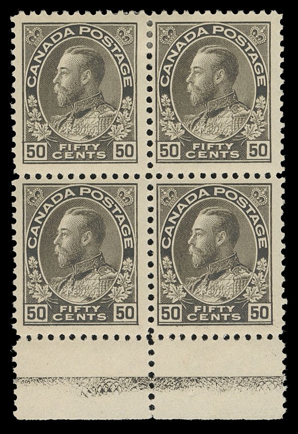ADMIRAL STAMPS  120ii,An important mint block in the characteristic shade and impression associated with Plate 3, displaying noticeably above average strength Type D lathework, quite well centered, hinged on top pair, faint gum disturbance on left pair, lower right lathework single with full pristine NH gum. Lathework on the fifty cent Admiral ranks among the most difficult to obtain, Fine+ (Unitrade cat. as fine hinged block)Provenance: Robert Chaplin, Maresch Sale 223, January 1989; Lot 811