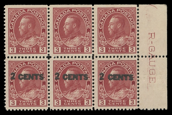 ADMIRAL STAMPS  139a + R-GAUGE imprint,An outstanding corner margin mint block of six showing "R-GAUGE" imprint in right margin, surcharge dramatically misplaced resulting in se-tenant pairs with and without surcharge, overall slightly sweated original gum, lightly hinged; a Fine and exceedingly rare imprint block showing a visually striking surcharge variety.Provenance: Ed Richardson, Maresch Sale 101, April 1978; Lot 325Unknown provenance, Specialized Admirals, Maresch Sale 250, December 1990; Lot 1085The "Lindemann" Collection (private treaty, circa. 1997)