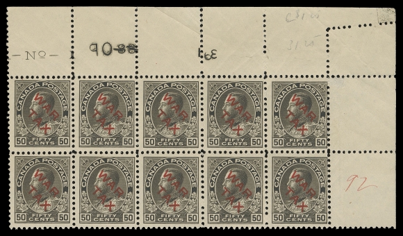 ADMIRAL STAMPS  MR2D,A mint corner margin Plate 1 block of ten showing portion of plate 1 imprint and printing order number "88" defaced by hand-punching with new number "193" at right; light creasing in margin only resulting from a pre-perforation paper fold at top right; light red ink and pencil numbers in margin, faint trace of hinging on top left pair, other eight stamps NEVER HINGED. A rarely seen plate block and one of the largest surviving plate multiples, F-VF VLH / NH (Unitrade cat. $3,950)