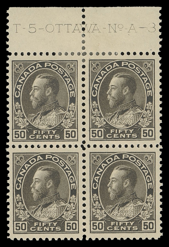 ADMIRAL STAMPS  120ii,A superb mint Plate 3 block with full imprint, beautifully centered with gorgeous fresh colour, hinged just touching top pair, lower pair with full pristine original gum NEVER HINGED. Very rare plate numbered multiple - the only reported Plate 3 multiple larger than a plate imprint pair, VF (Unitrade cat. $2,800)